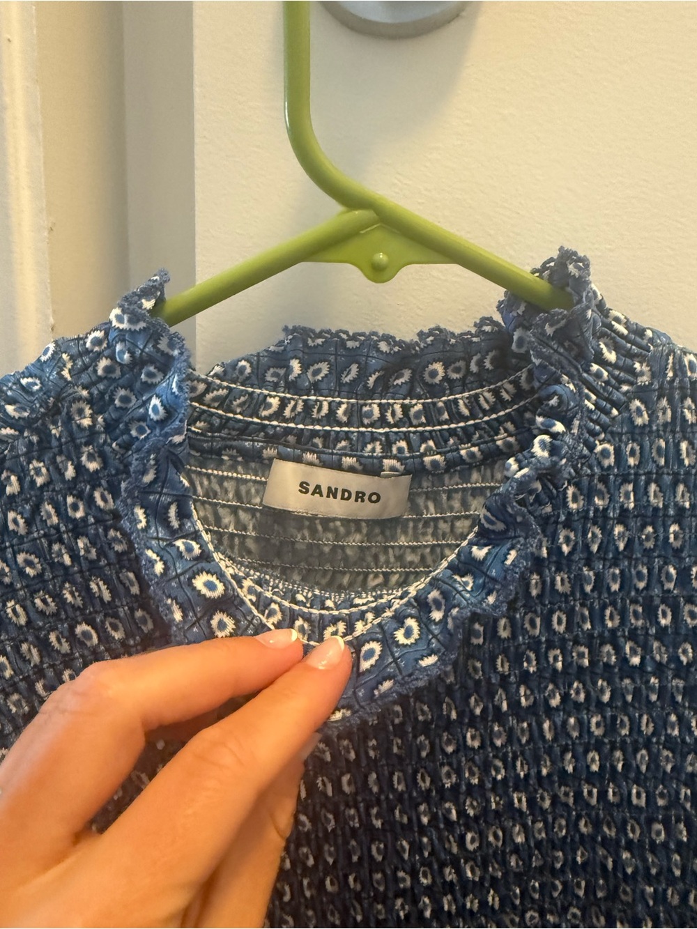 Sandro Navy Blue Floral Smocked Neck Top